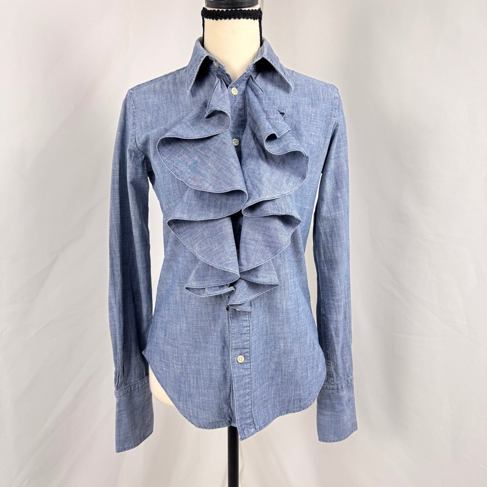 Ralph Lauren Sport Blouse Womens 4 Blue Ruffle Front Chambray 100% Cotton